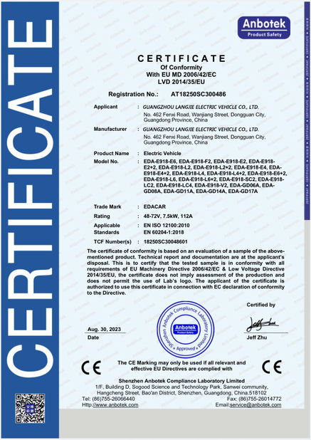China Guangzhou Langjie Electric Vehicle Co., Ltd. Certificações