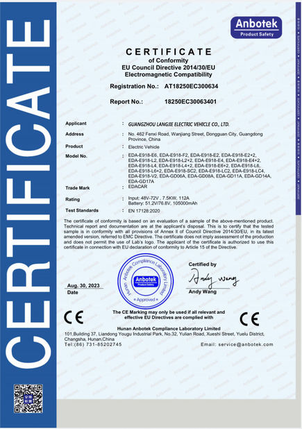 China Guangzhou Langjie Electric Vehicle Co., Ltd. Certificações